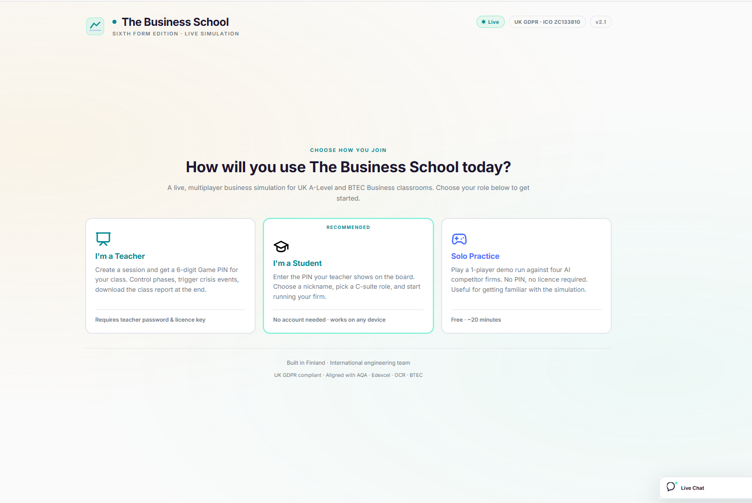 Join screen: choose your role — teacher with a Game PIN, student joining by PIN, or free solo practice