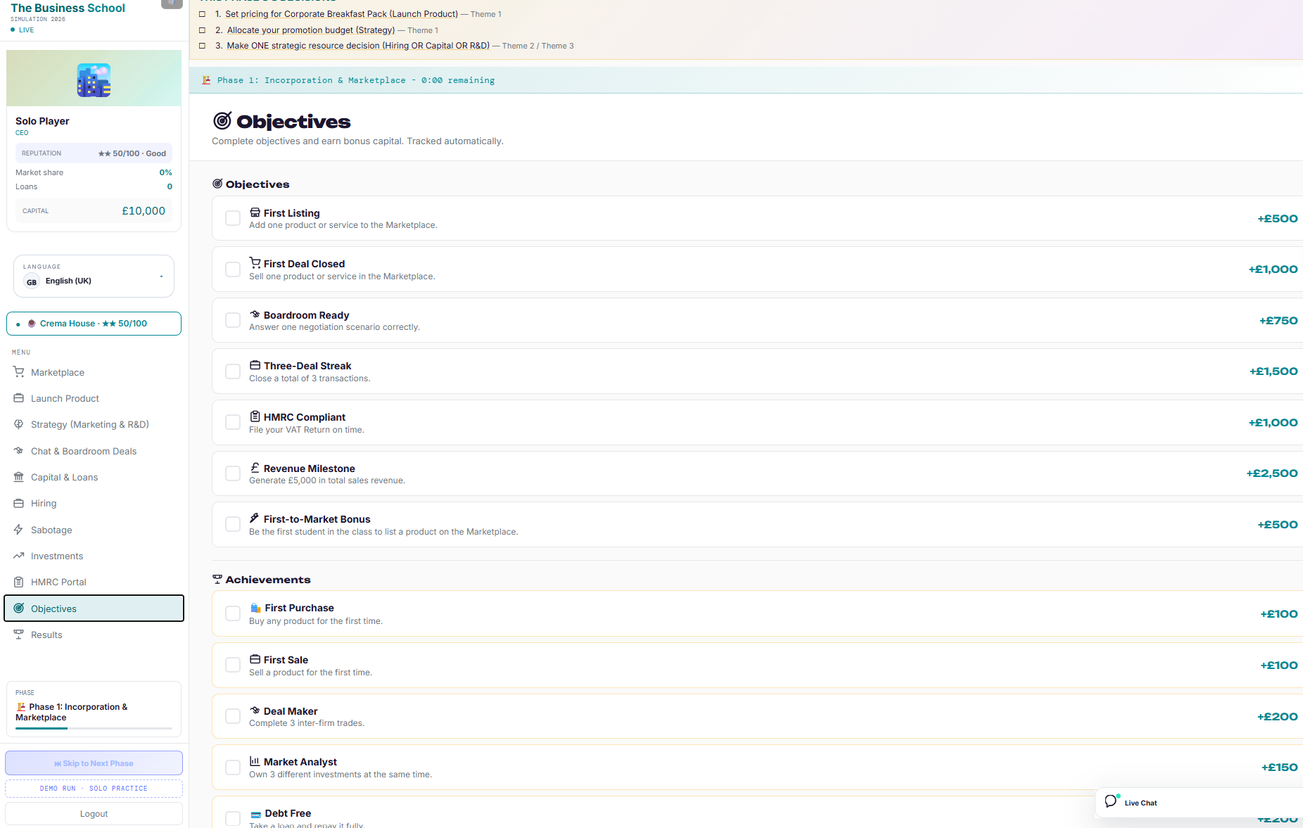 Objectives and achievements: bonus capital for listings, deals, VAT compliance and revenue milestones