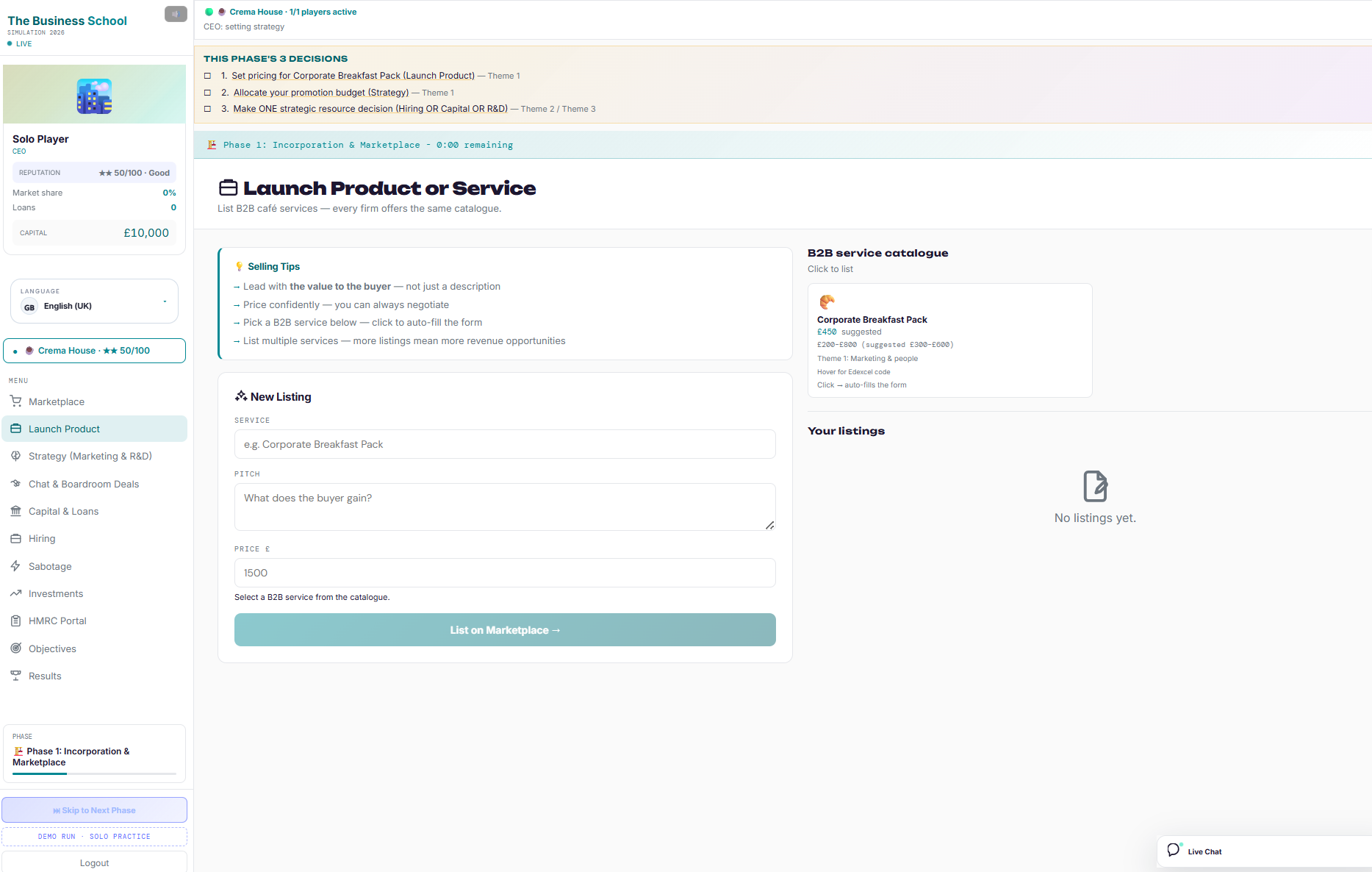 Launch Product screen: students set a price and pitch for their service