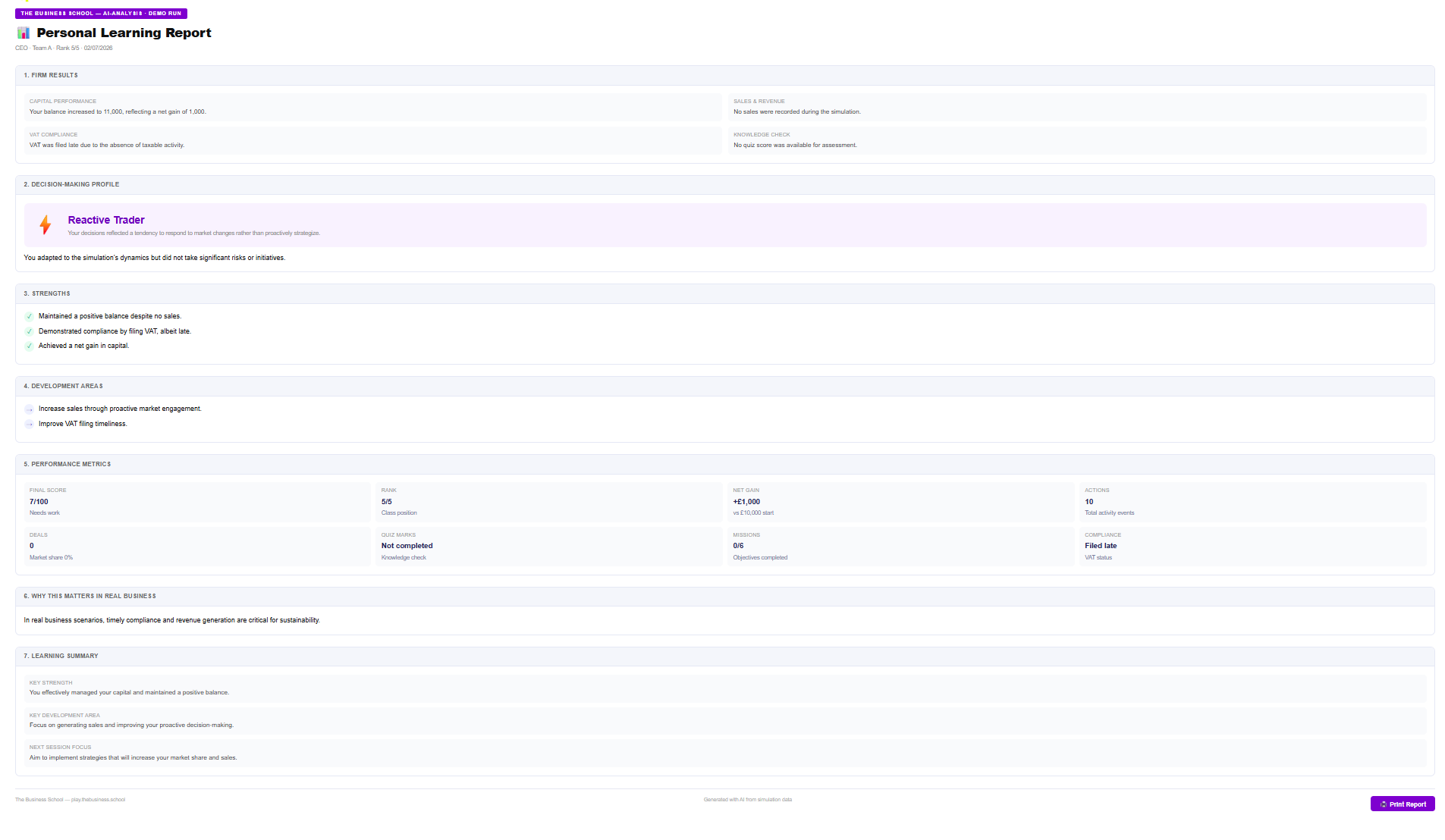 Personal Learning Report: automatic per-student results, strengths and development areas