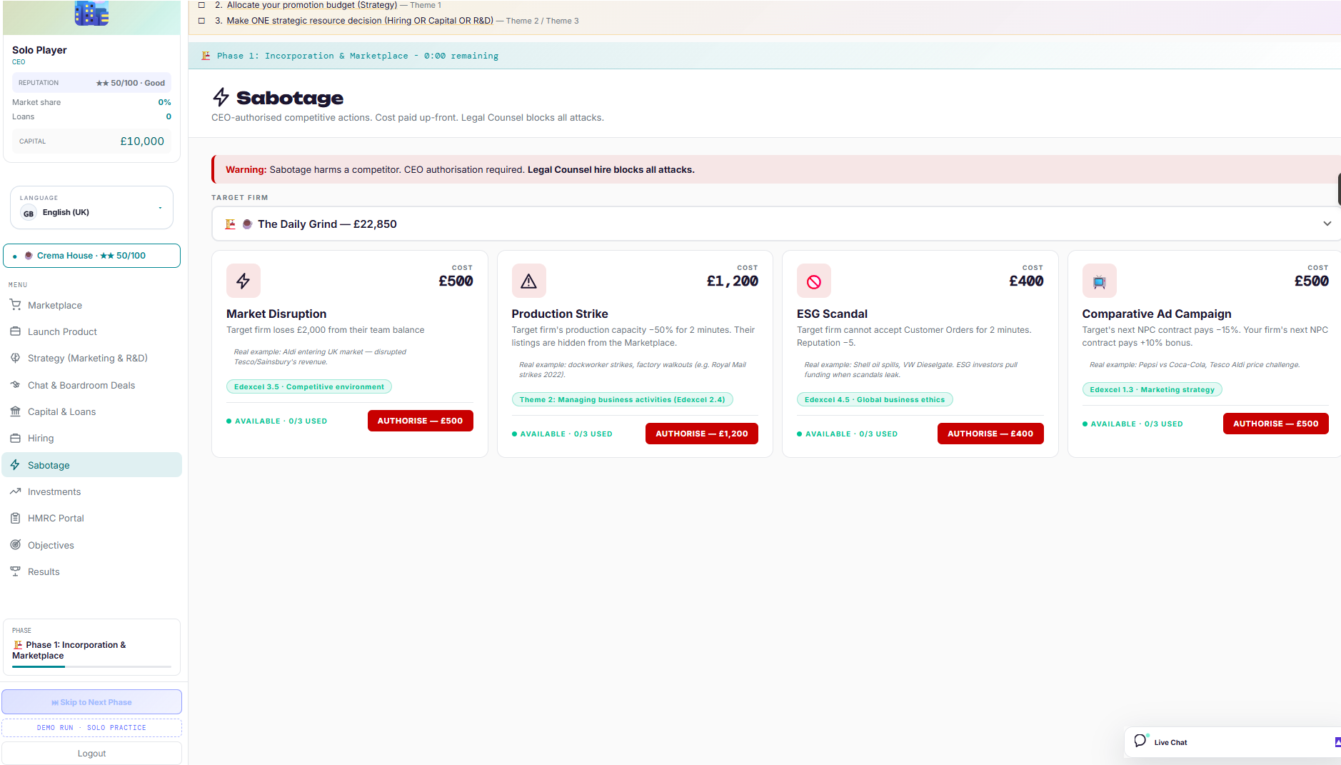 Sabotage: CEO-authorised competitive actions with real-world case examples
