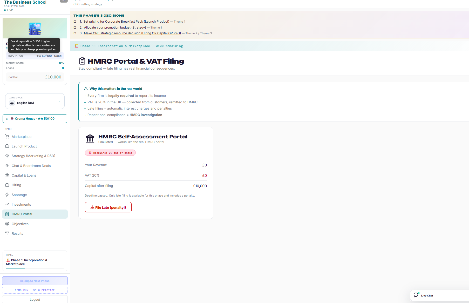 HMRC Portal screen: students file a 20% VAT return before the deadline