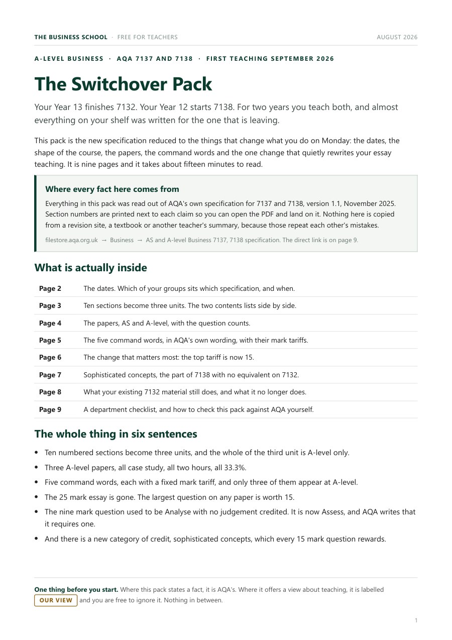 A-Level Business 7138: The Switchover Pack