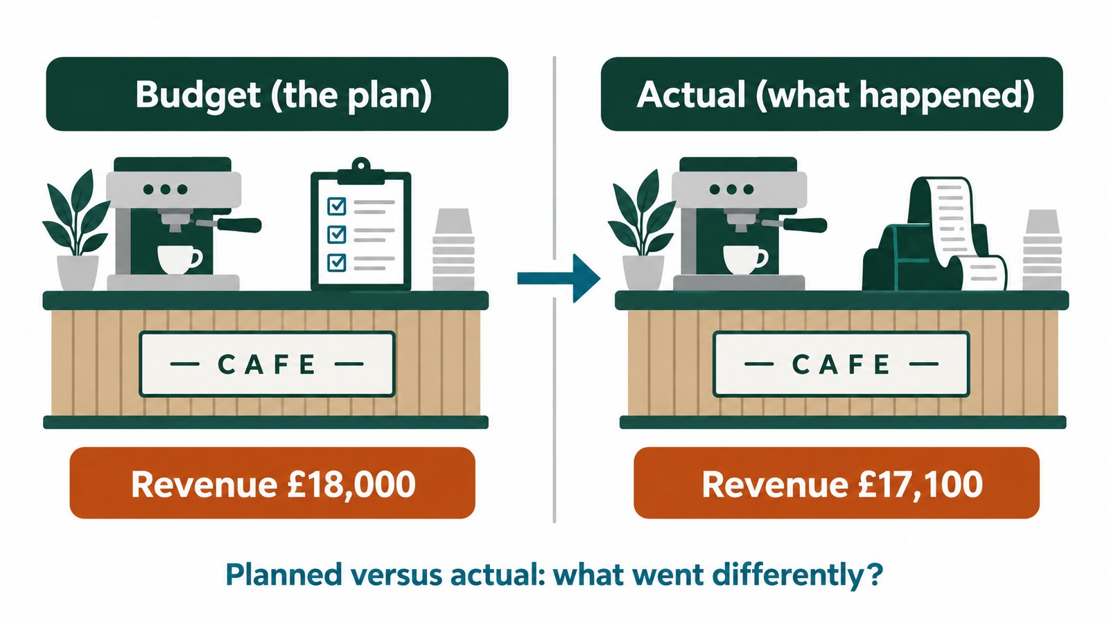 Illustration of a cafe counter planned at revenue of £18,000 and the same cafe with actual revenue of £17,100
