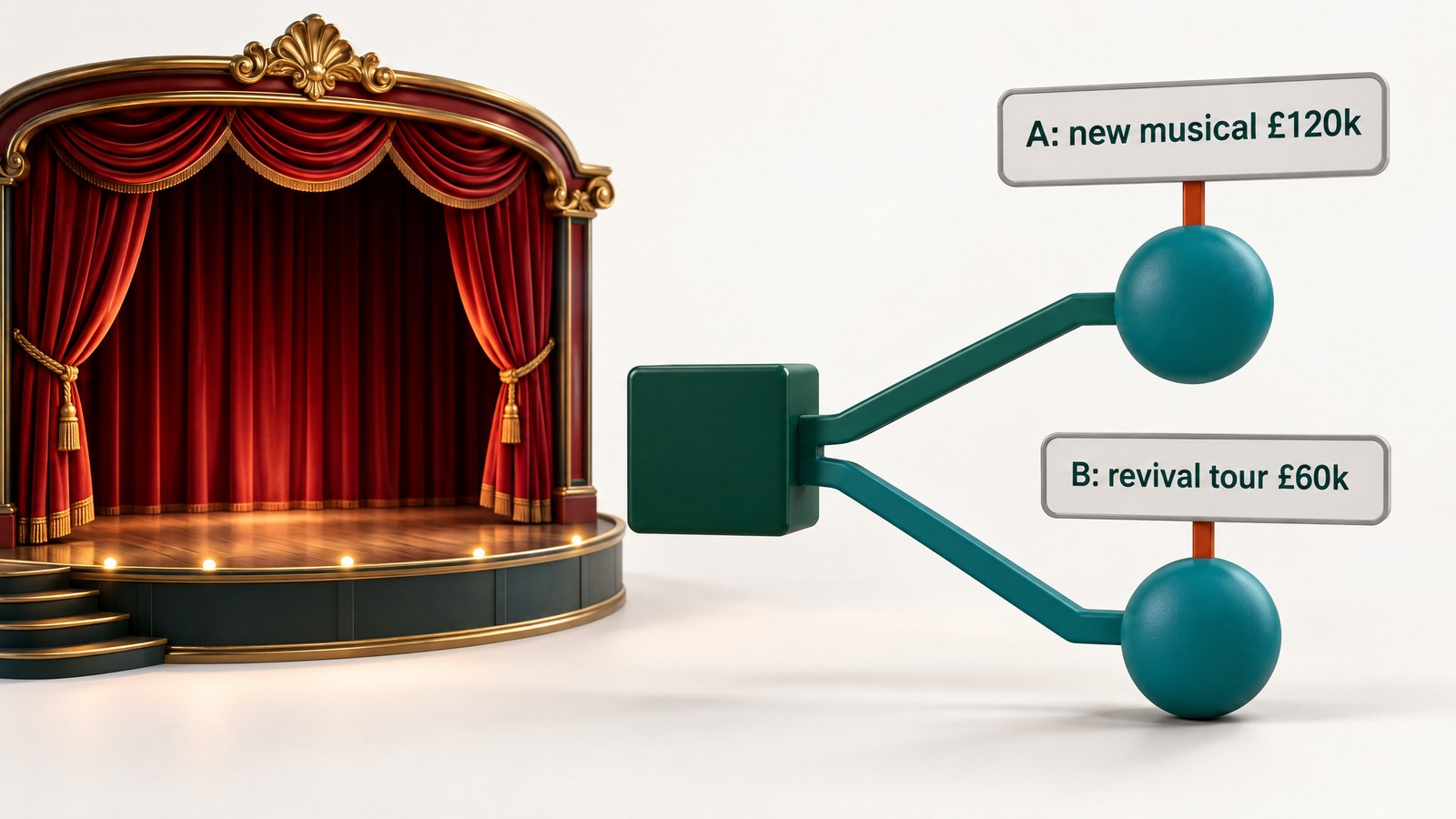 Illustration of a theatre stage beside a decision tree with option A, a new musical costing £120k, and option B, a revival tour costing £60k