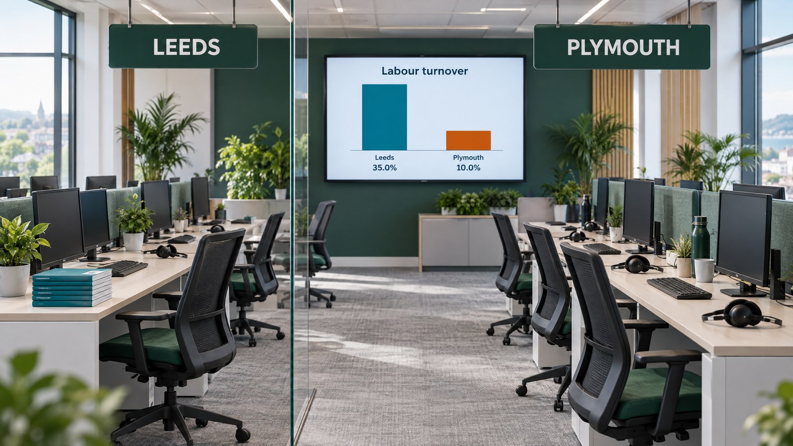 Illustration of a customer contact centre with two site signs, Leeds and Plymouth, and empty headsets at the desks