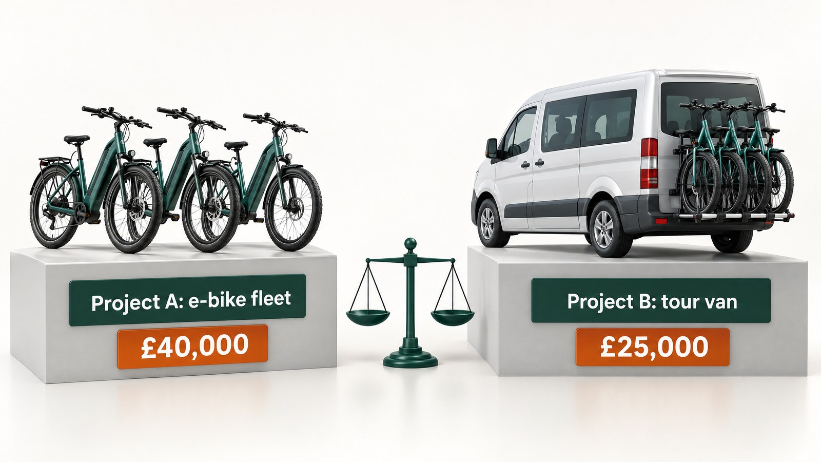 Illustration of two projects for a bike hire business: Project A, an e-bike fleet costing £40,000, and Project B, a tour van costing £25,000
