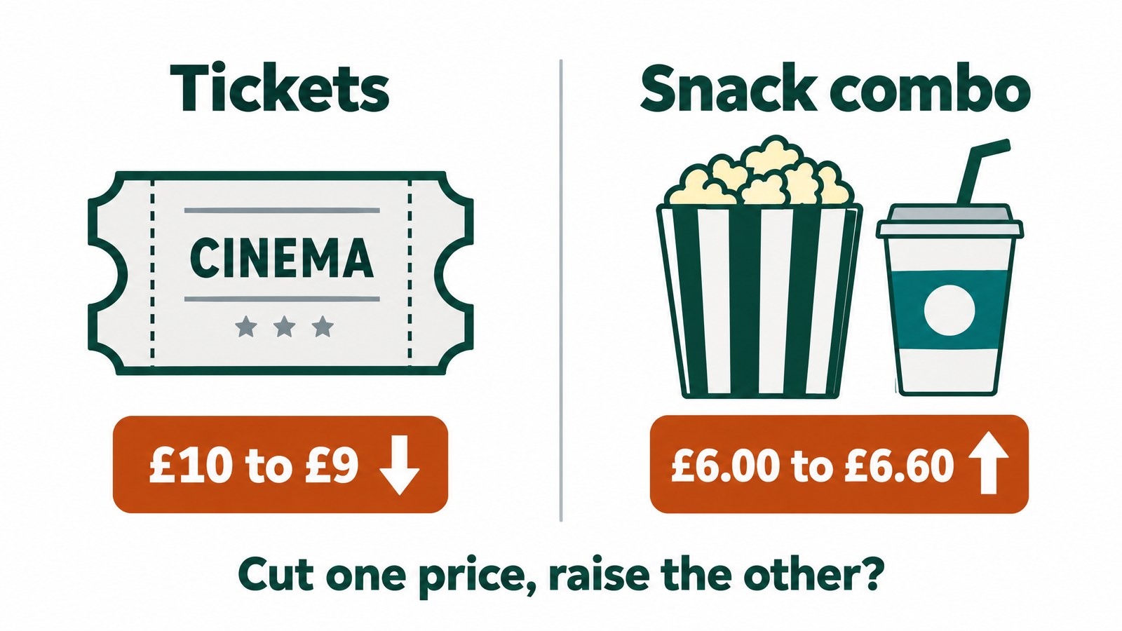 Illustration of a cinema ticket whose price falls from £10 to £9 and a snack combo whose price rises from £6.00 to £6.60