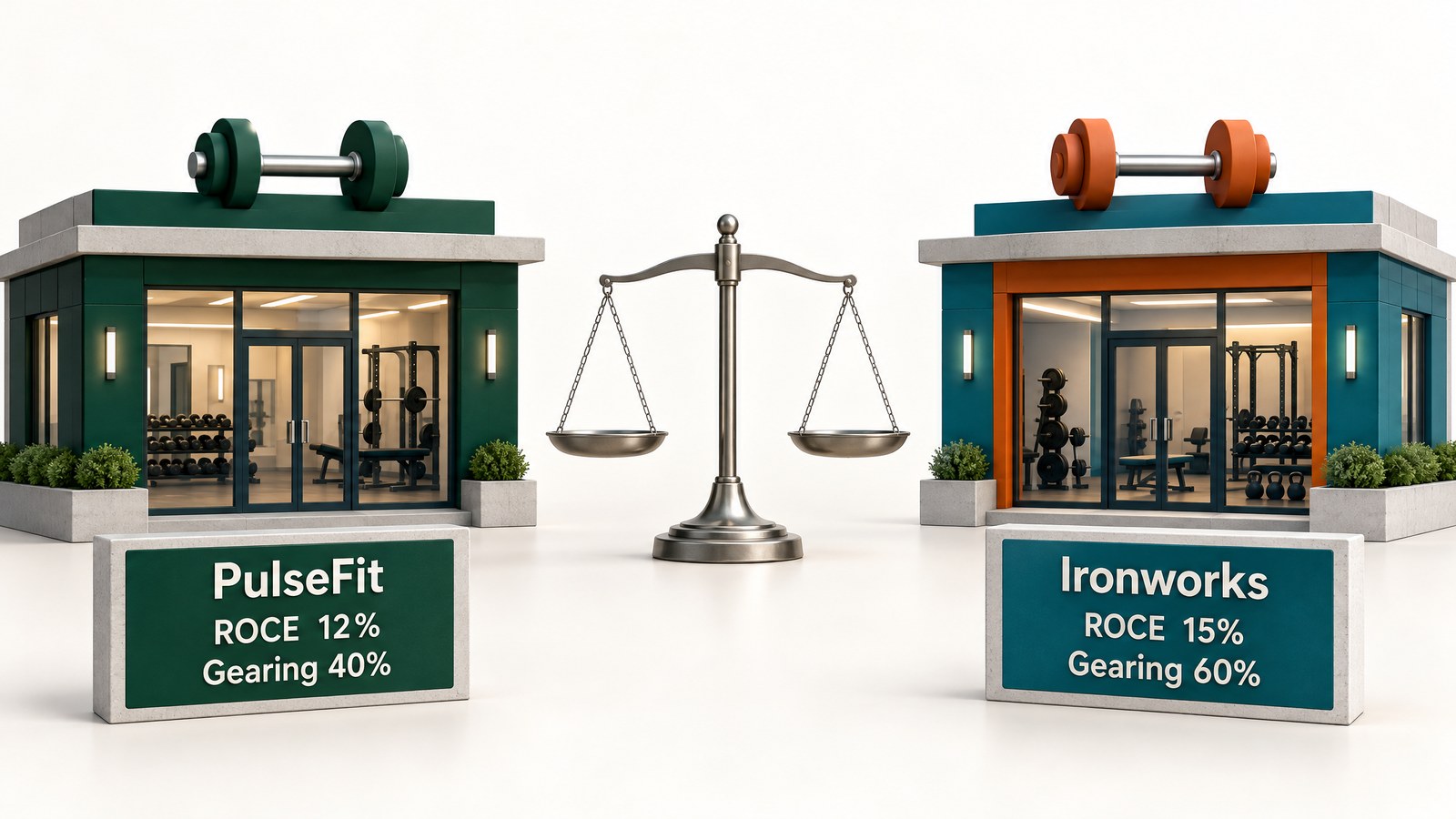 Illustration of two gym businesses: PulseFit with ROCE 12% and gearing 40%, and Ironworks with ROCE 15% and gearing 60%