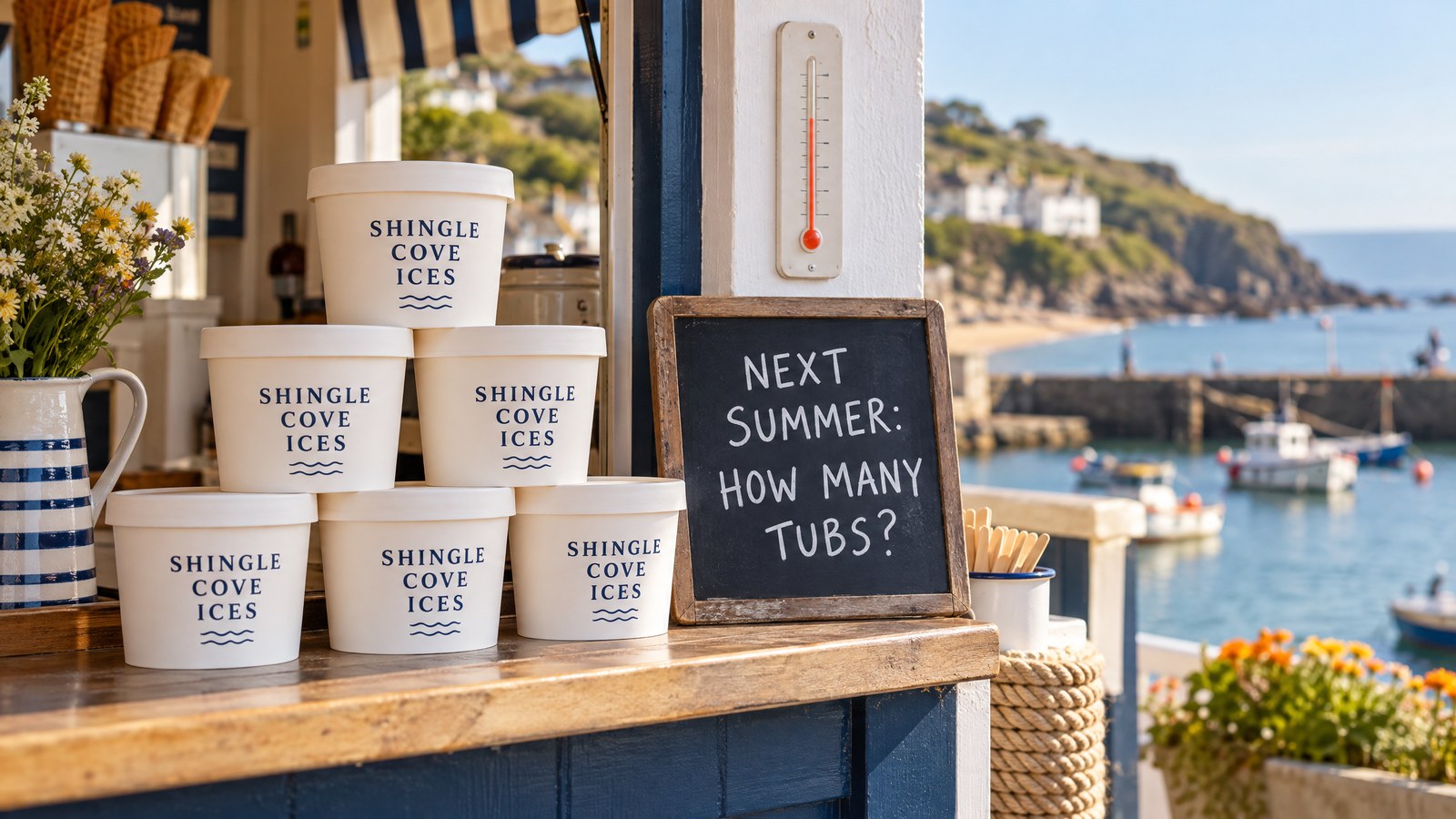 Illustration of a seaside ice cream counter with stacked tubs labelled Shingle Cove Ices and a chalkboard asking how many tubs to order for next summer