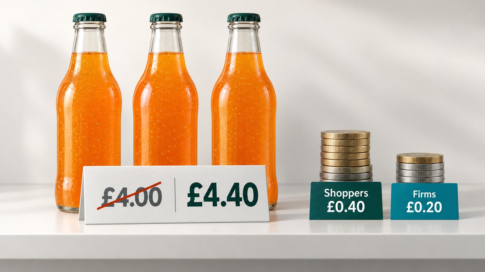 Illustration of drinks whose price rises from £4.00 to £4.40, with the tax split into £0.40 for shoppers and £0.20 for firms