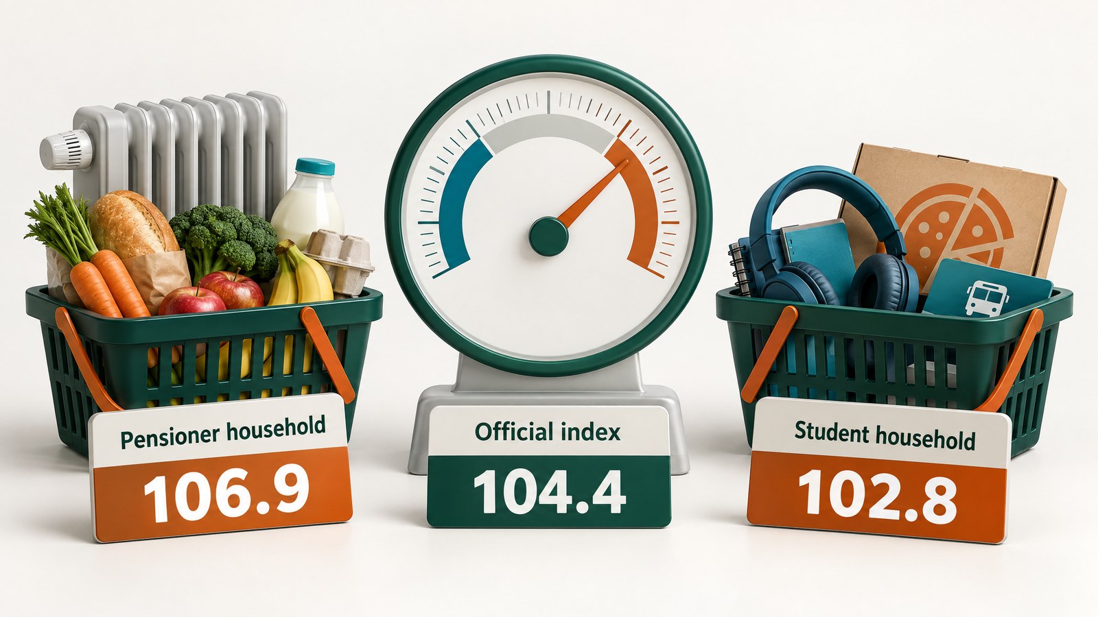 Illustration of an official price index of 104.4 between a pensioner household basket at 106.9 and a student household basket at 102.8