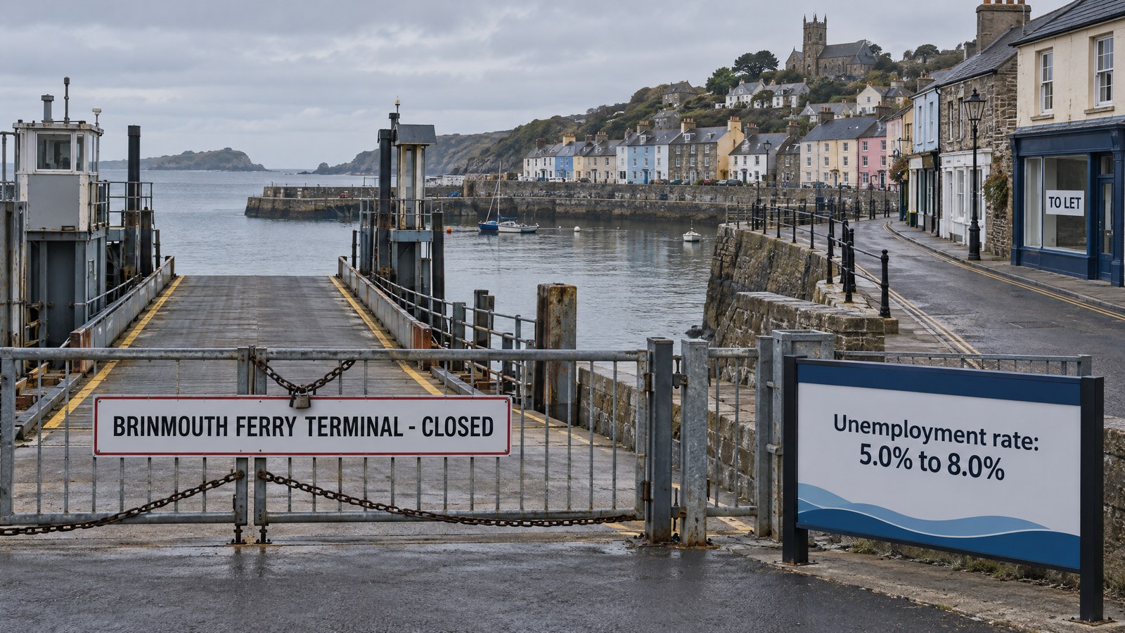 Illustration of a closed ferry terminal in a small coastal town, with a sign showing unemployment rising from 5.0% to 8.0%