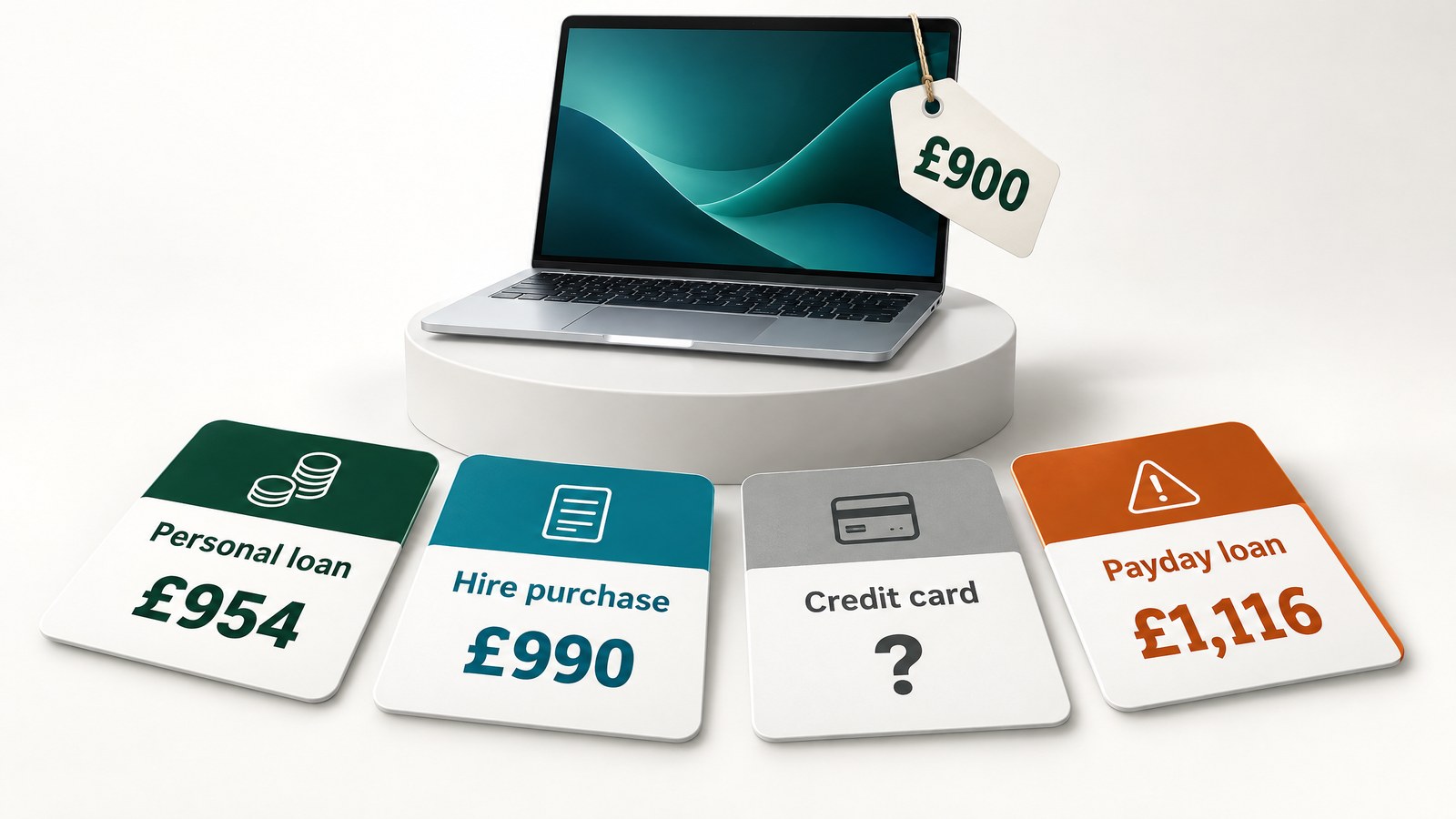 Illustration of a £900 laptop surrounded by four borrowing options: personal loan £954, hire purchase £990, credit card and payday loan £1,116