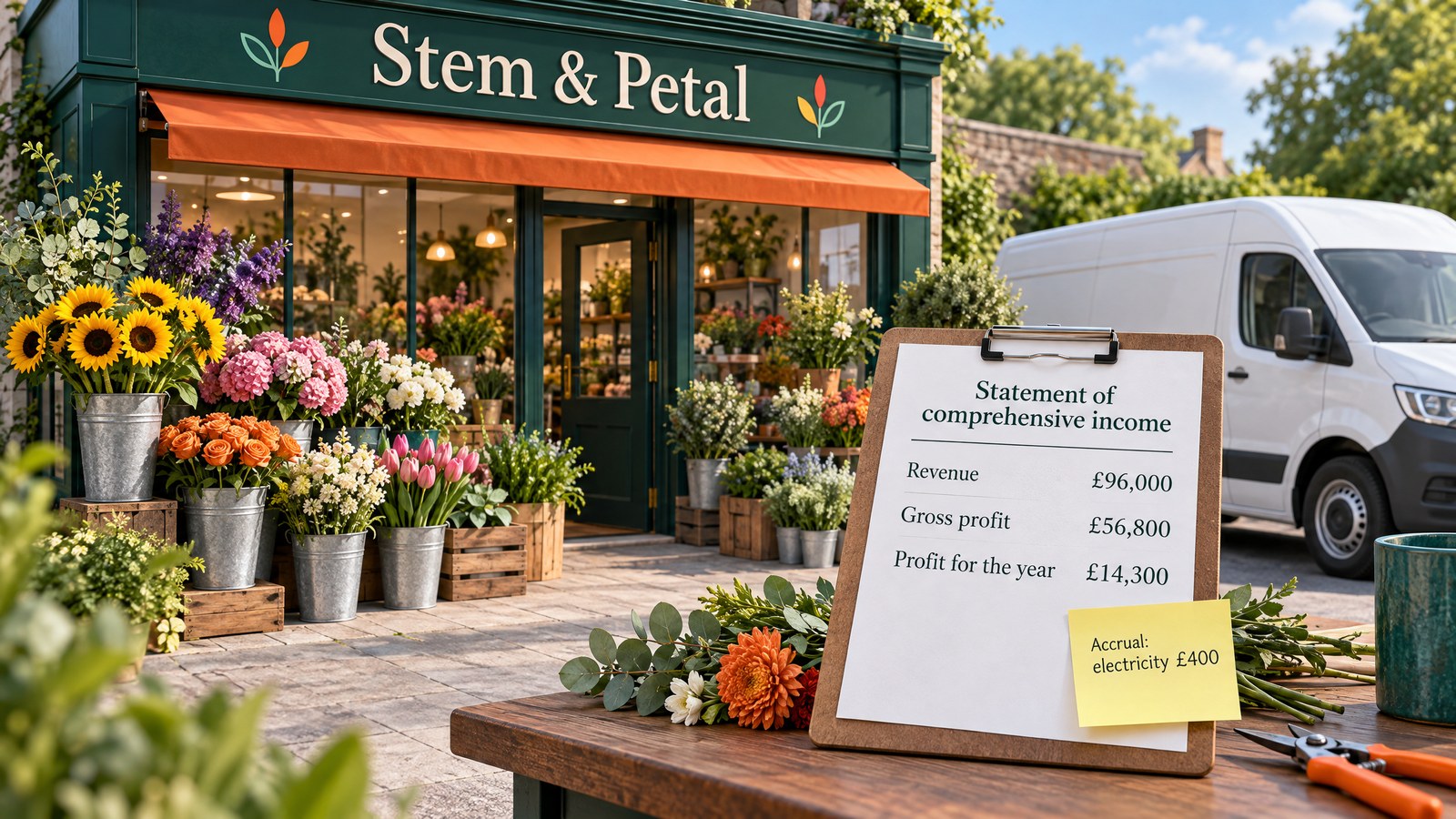 Illustration of a florist&rsquo;s shop and delivery van beside a statement of comprehensive income showing revenue £96,000, gross profit £56,800 and profit for the year £14,300