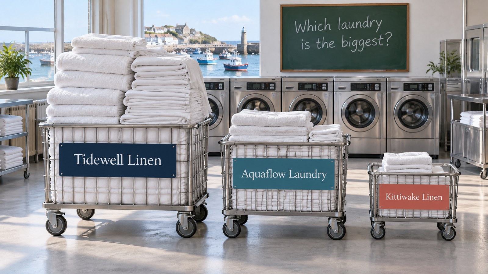 Illustration of a laundry with three trolleys of different sizes labelled Tidewell Linen, Aquaflow Laundry and Kittiwake Linen and a chalkboard asking which laundry is the biggest