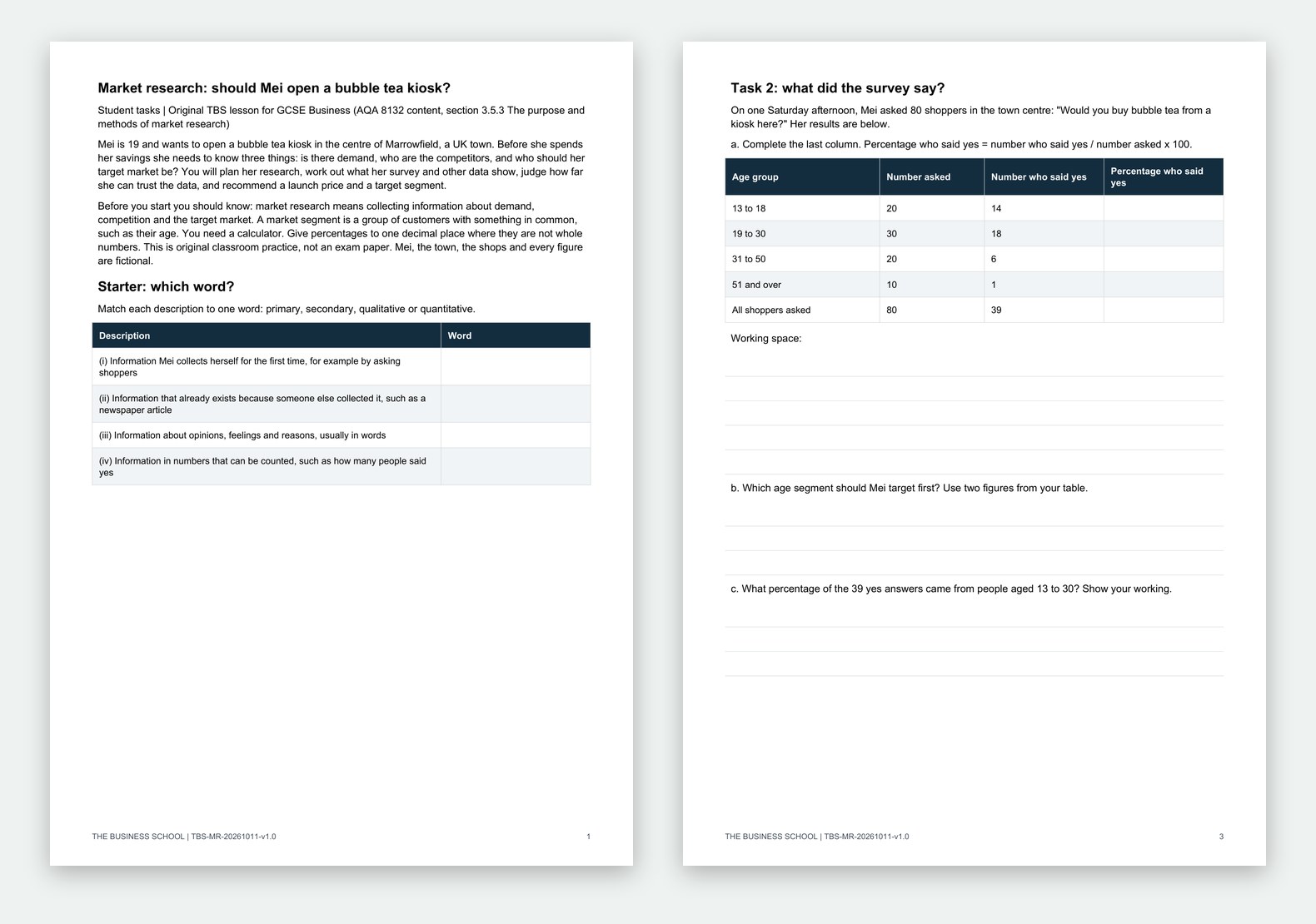 The first student pages of Market Research for a Bubble Tea Kiosk