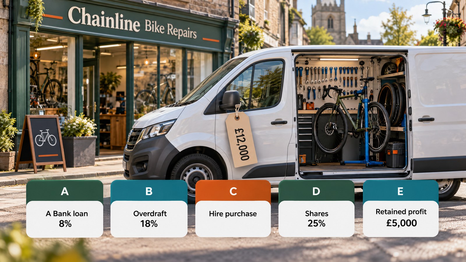 Illustration of a small bike repair van fitted out as a mobile workshop outside a bike shop, with a price tag of £12,000 and five labelled cards: A Bank loan 8%, B Overdraft 18%, C Hire purchase, D Shares 25%, E Retained profit £5,000
