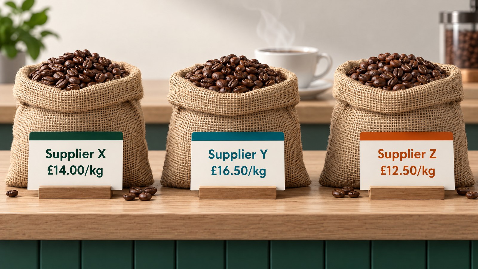 Illustration of three sacks of coffee beans: Supplier X at £14.00 per kg, Supplier Y at £16.50 per kg and Supplier Z at £12.50 per kg