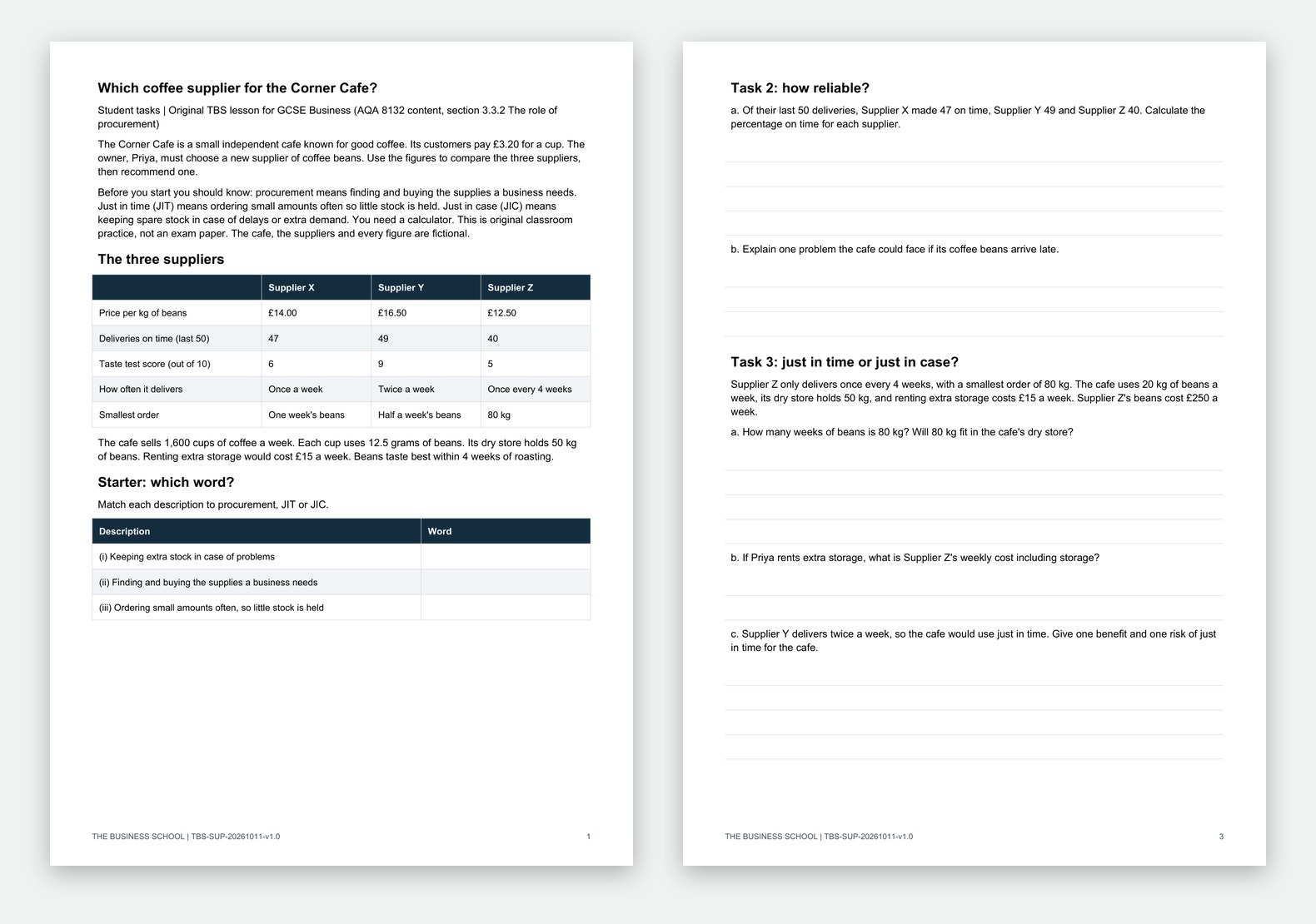 The first student pages of Which Coffee Supplier for the Corner Cafe?