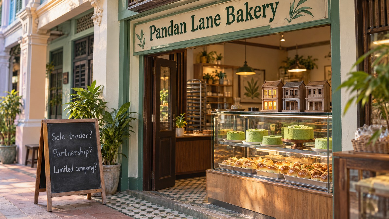 Illustration of the Pandan Lane Bakery shopfront in Singapore, with pandan cakes on the counter and a chalkboard asking sole trader, partnership or limited company