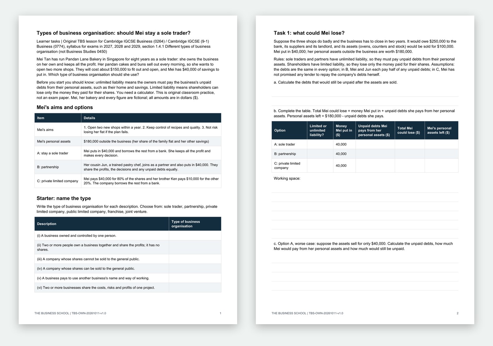 The first student pages of Types of Business Organisation: Should Mei Stay a Sole Trader?