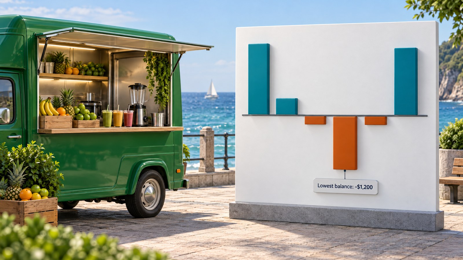 Illustration of a smoothie food truck beside a bar chart of six months of cash balances, with the lowest balance of minus $1,200