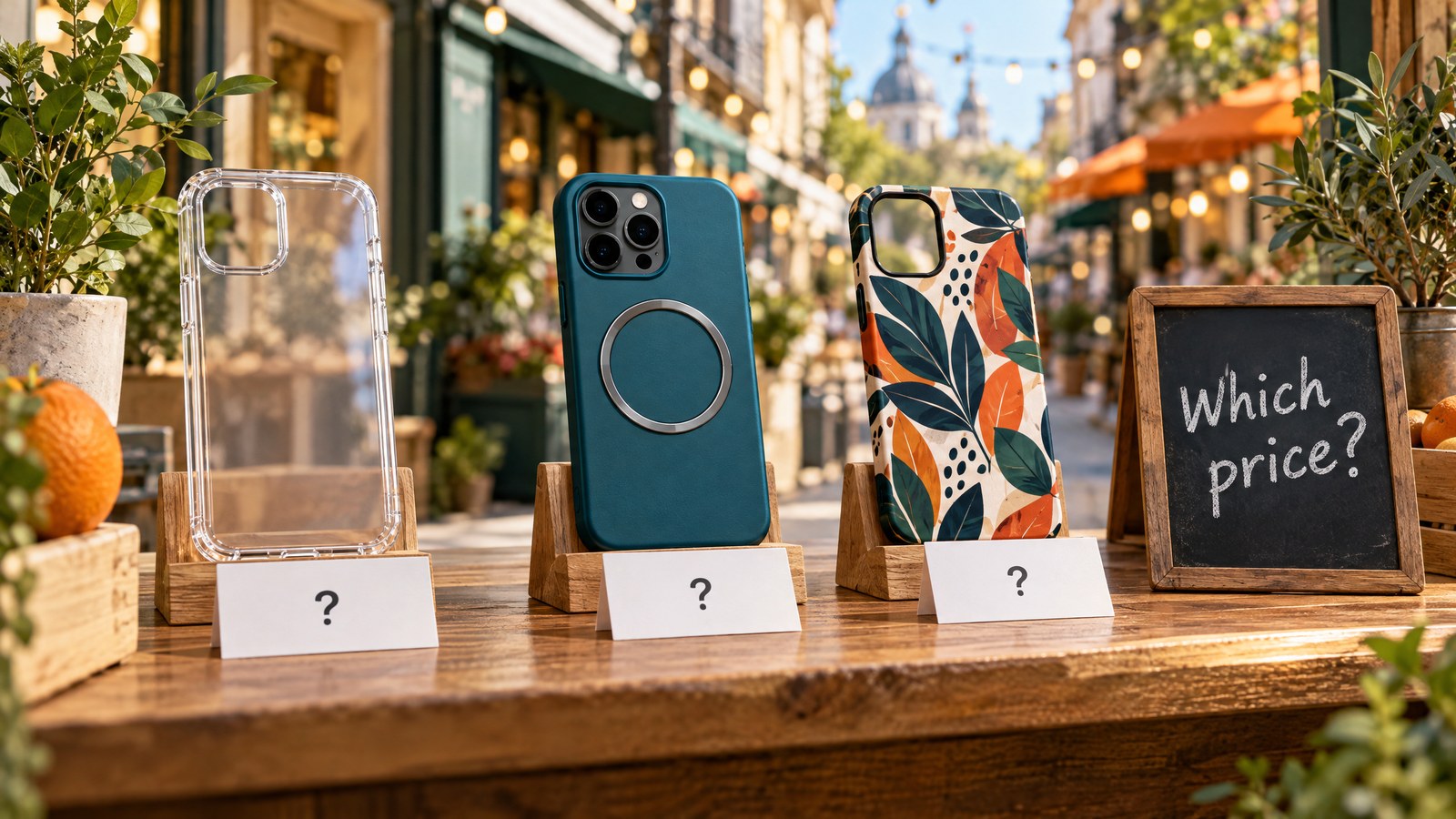 Illustration of a magnetic phone case on a market stall display beside three price tags of $30.00, $18.00 and $15.00